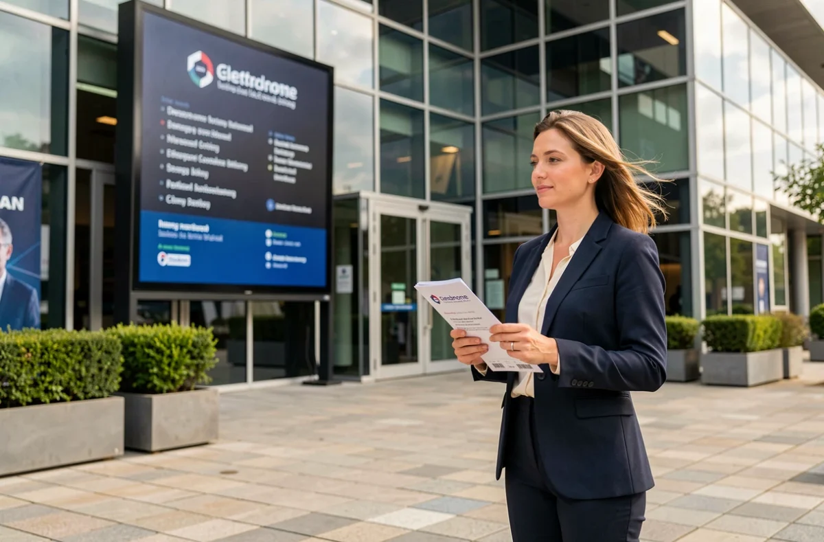 Femme professionnelle tenant son billet et le guide pratique devant l'entrée du lieu de l'événement Lesentreprisesfrenchy 2026