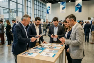 Groupe de professionnels consultant le programme de l'événement Lesentreprisesfrenchy 2026 à l'accueil d'un centre de congrès moderne