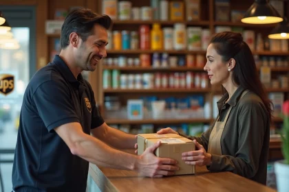 Livreur UPS remettant un colis sécurisé à une commerçante dans un point relais de quartier