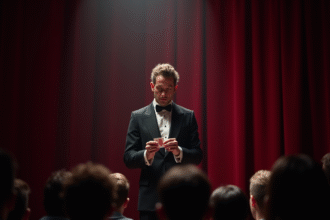 Magicien en spectacle réalisant un tour de cartes sur scène