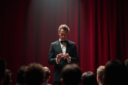 Magicien en spectacle réalisant un tour de cartes sur scène