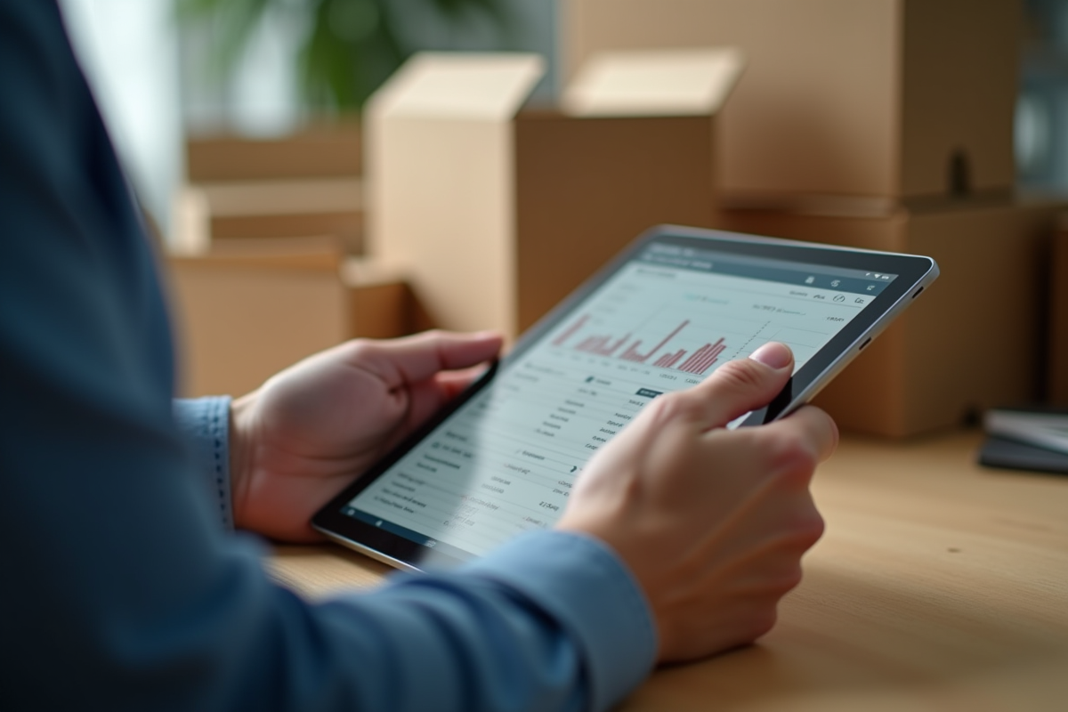 Mains utilisant une tablette pour suivre les envois sur un bureau