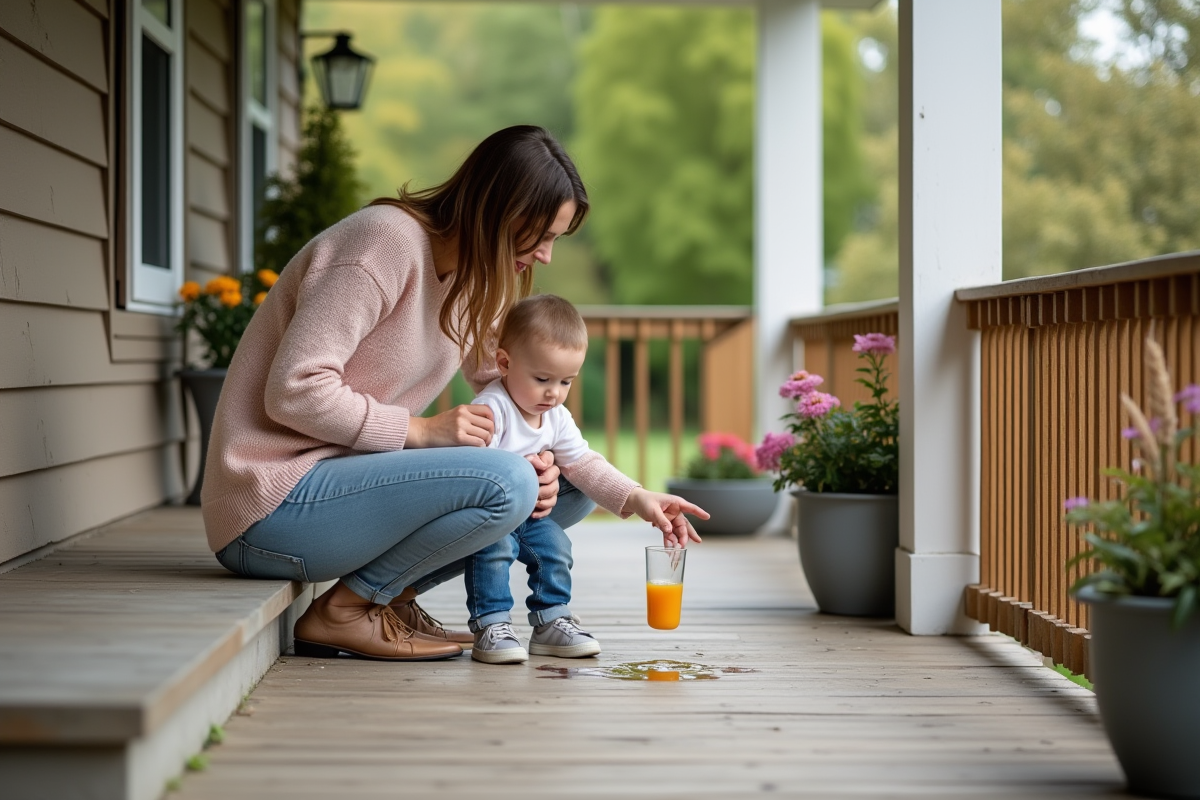 Maman aidant son enfant à nettoyer une tache de jus sur le pas de la maison