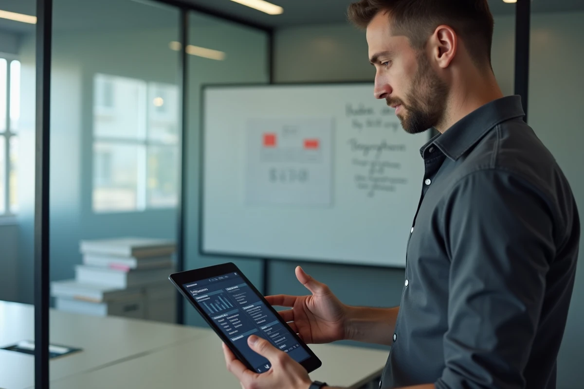 Manager homme debout consultant l'intranet Inetum sur une tablette dans une salle de réunion vitrée