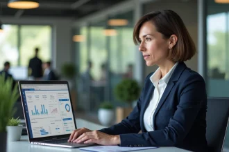Manageuse consultant un tableau de bord RH sur son ordinateur portable dans un bureau moderne en open space