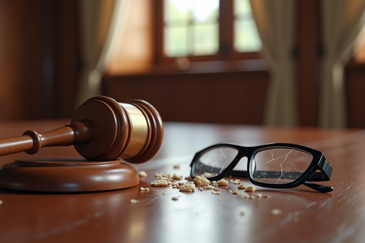Gavel cassant des lunettes sur une table de tribunal