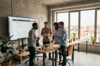 Équipe d'une agence web dans les Bouches-du-Rhône collaborant autour d'un écran affichant des maquettes de sites web dans un bureau moderne avec vue sur Marseille