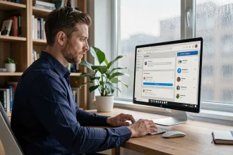 Homme utilisant un logiciel de gestion de stock avec interface de mise à jour sur écran d'ordinateur dans un bureau professionnel