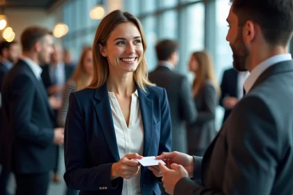 Deux professionnels B2B échangeant des cartes de visite lors d'un événement de networking en espace de coworking moderne