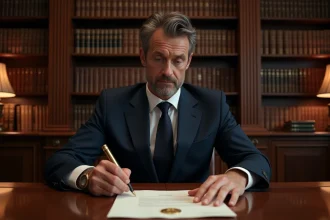 Notaire examinant un document officiel avec sceau doré dans un bureau juridique classique