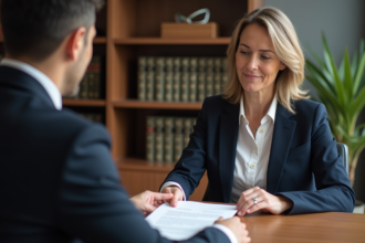 Femme d'âge moyen signant un document chez le notaire