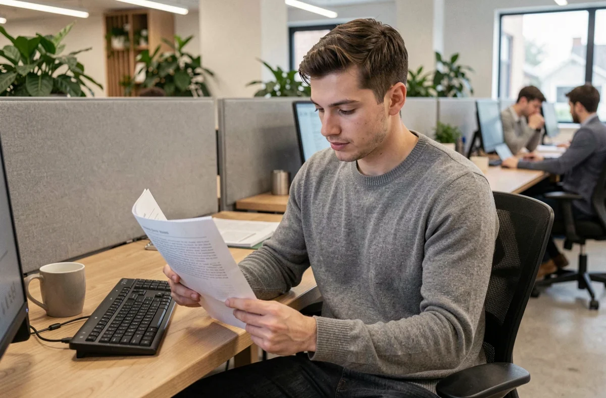 Nouvel embauché Altran lisant le guide du CSE à son bureau lors de son intégration