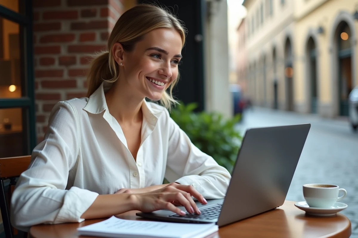 Jeune femme contactant le support client DHL via un chat en ligne sur son ordinateur portable depuis un café à l'étranger