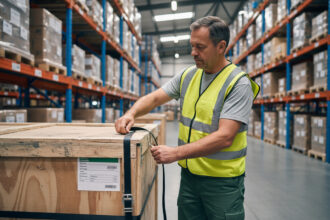 Ouvrier d'entrepot sécurisant une caisse en straps