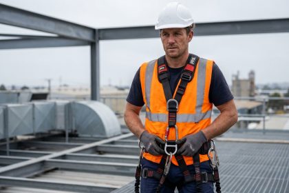 Ouvrier de chantier équipé d'un harnais antichute Petzl sur un toit industriel