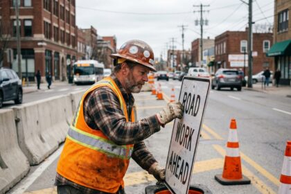 Ouvrier de chantier en gilet orange et casque posant un panneau routier