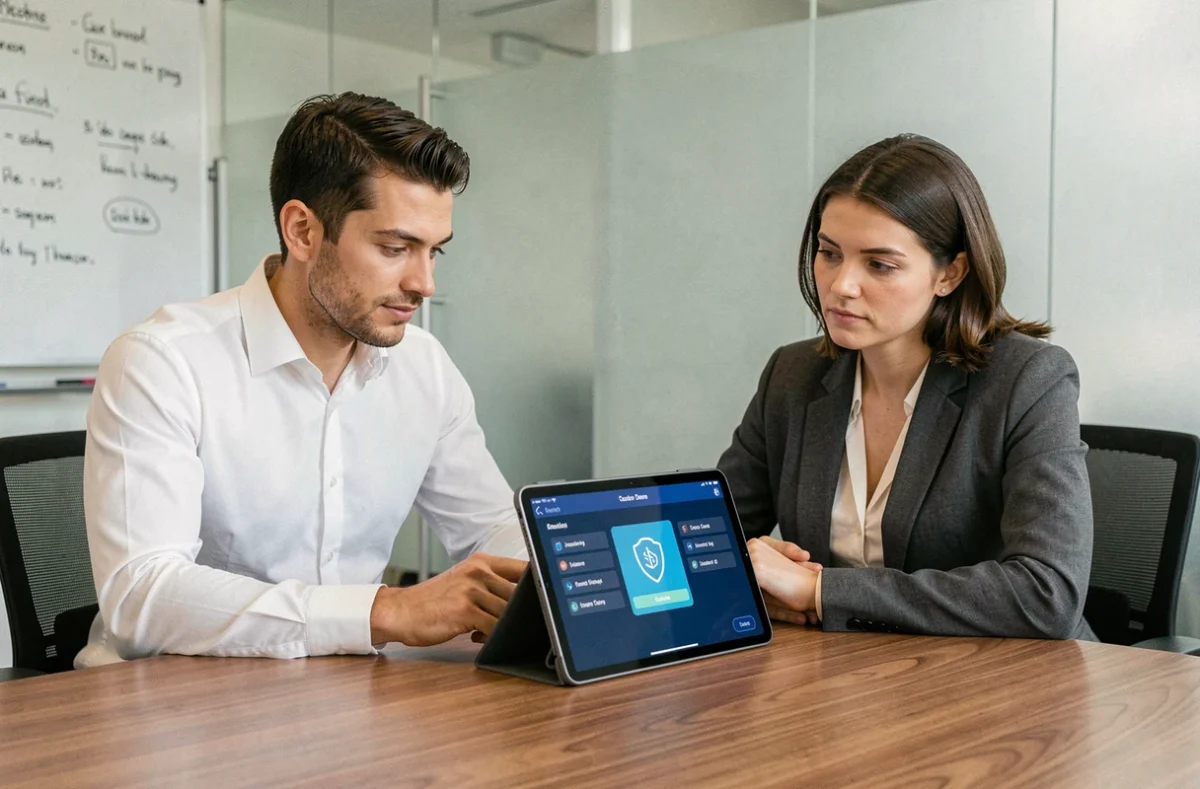 Deux collaborateurs d'entreprise partageant un accès sécurisé aux formalités administratives sur tablette lors d'une réunion