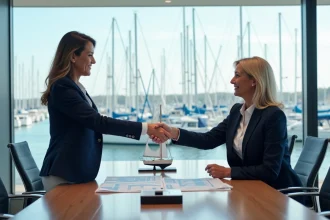 Deux professionnels de l'industrie nautique concluent un partenariat international autour d'une table de réunion avec des cartes marines et une maquette de voilier, vue sur un port en arrière-plan