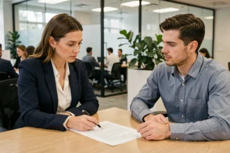 Responsable RH et employé signant un contrat CDI lors d'un entretien professionnel en entreprise