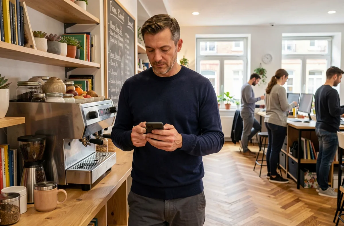 Professionnel prenant une pause café dans l'espace commun d'un coworking à Clamart