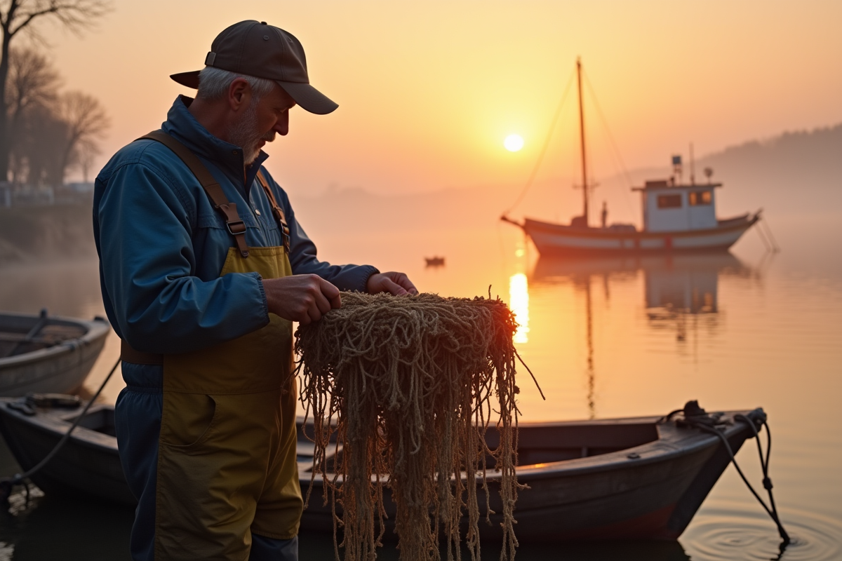 Mytiliculteur récoltant des moules au lever du soleil