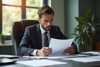 Professionnel d'affaires lisant un document juridique
