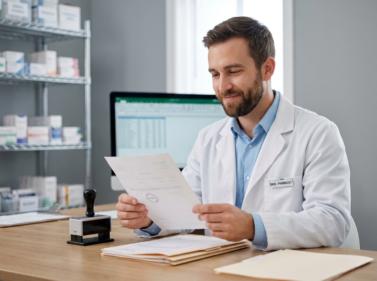 Pharmacien en arrière-officine vérifiant un document administratif tamponné pour optimiser la gestion de l'officine