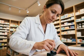 Pharmacienne utilisant un tampon encreur personnalisé sur une ordonnance à l'officine pour gagner du temps