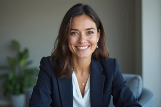 Femme professionnelle souriante en blazer marine pour une photo de CV naturelle et impeccable
