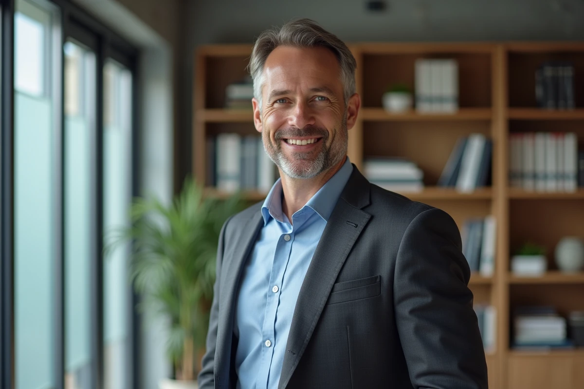 Homme en costume gris posant naturellement dans un espace de travail moderne pour une photo professionnelle de CV