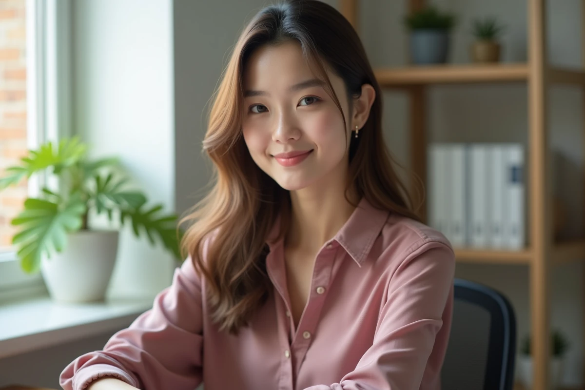 Jeune femme souriante en tenue professionnelle assise à un bureau pour une photo naturelle de CV moderne