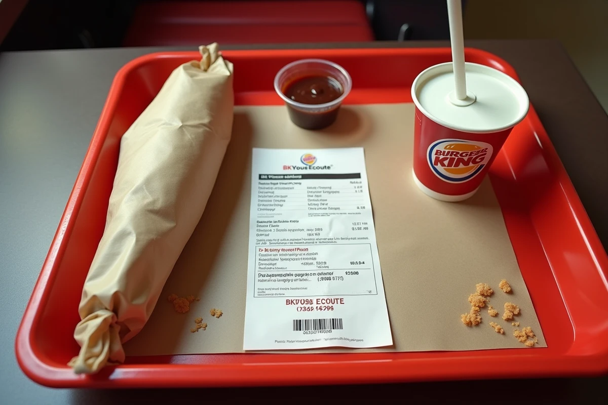Vue de dessus d'un plateau repas Burger King avec le ticket de caisse BKVousEcoute visible au centre