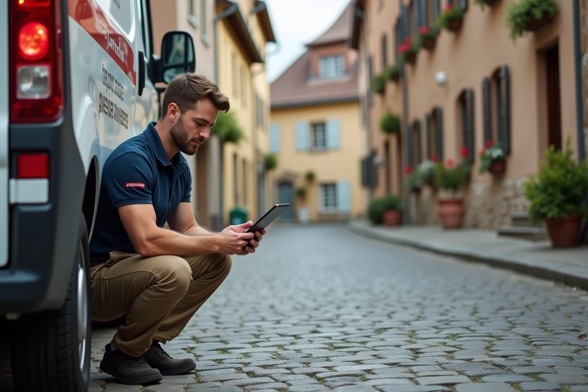 Artisan plombier alsacien consultant ses demandes de devis en ligne depuis son smartphone dans un village alsacien