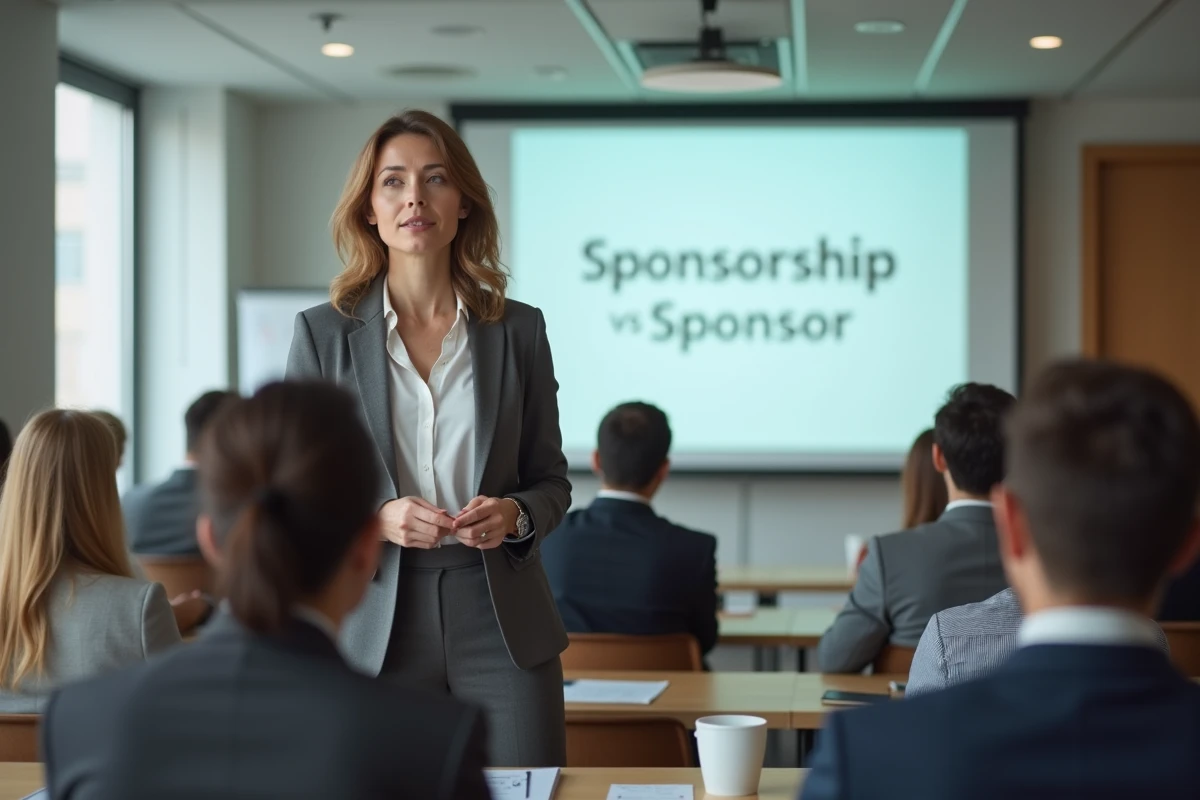 Femme professionnelle présentant les différences entre sponsor et sponsorship en anglais des affaires lors d'un séminaire