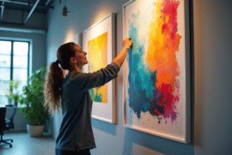 Professionnel accrochant une affiche colorée dans un bureau moderne