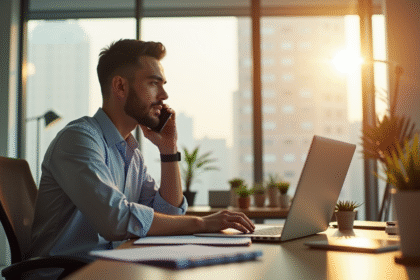 Professionnel en bureau lumineux parlant au smartphone