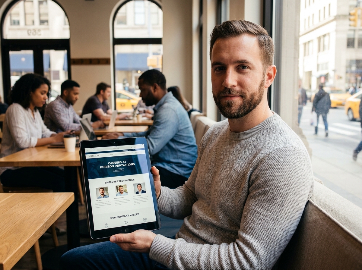 Jeune professionnel consultant un site carrière d'entreprise sur une tablette dans un espace de travail convivial
