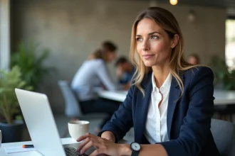 Professionnelle consultant un annuaire d'entreprises en ligne sur un ordinateur portable dans un espace de coworking moderne