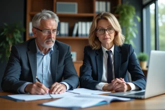 Homme et femme d'affaires analysant des documents financiers