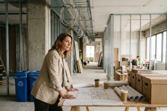Femme cadre examinant un plan de réaménagement de bureaux entourée de cartons et bacs de tri dans un open-space en travaux