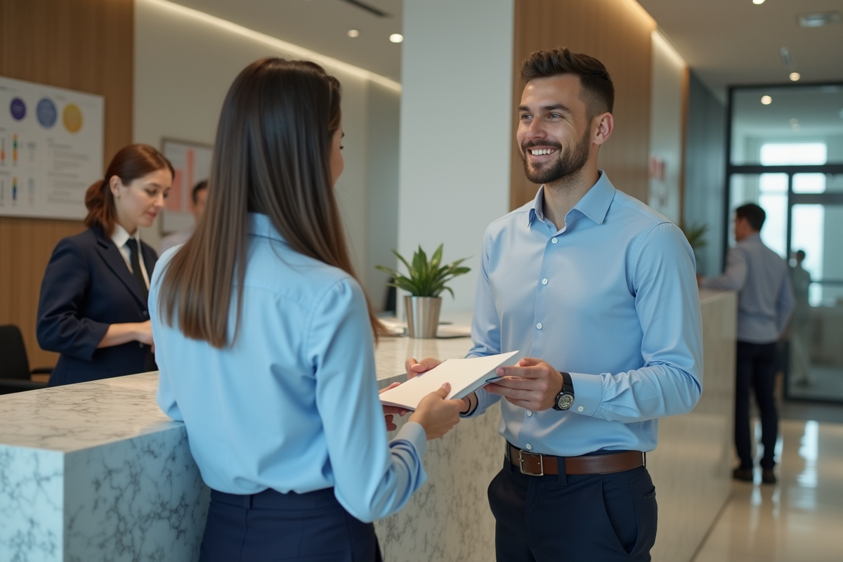 Employe jeune remet une enveloppe à une responsable RH