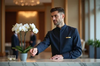 Réceptionniste d'hôtel en uniforme navy remettant une clé de chambre à l'accueil d'un hôtel quatre étoiles