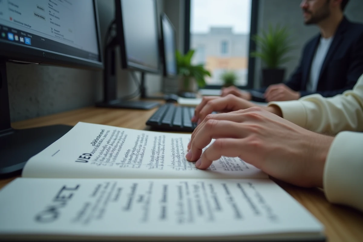 Mains tapant sur un clavier avec un carnet de notes listant des URLs archivées, symbolisant la recherche de contenus web disparus