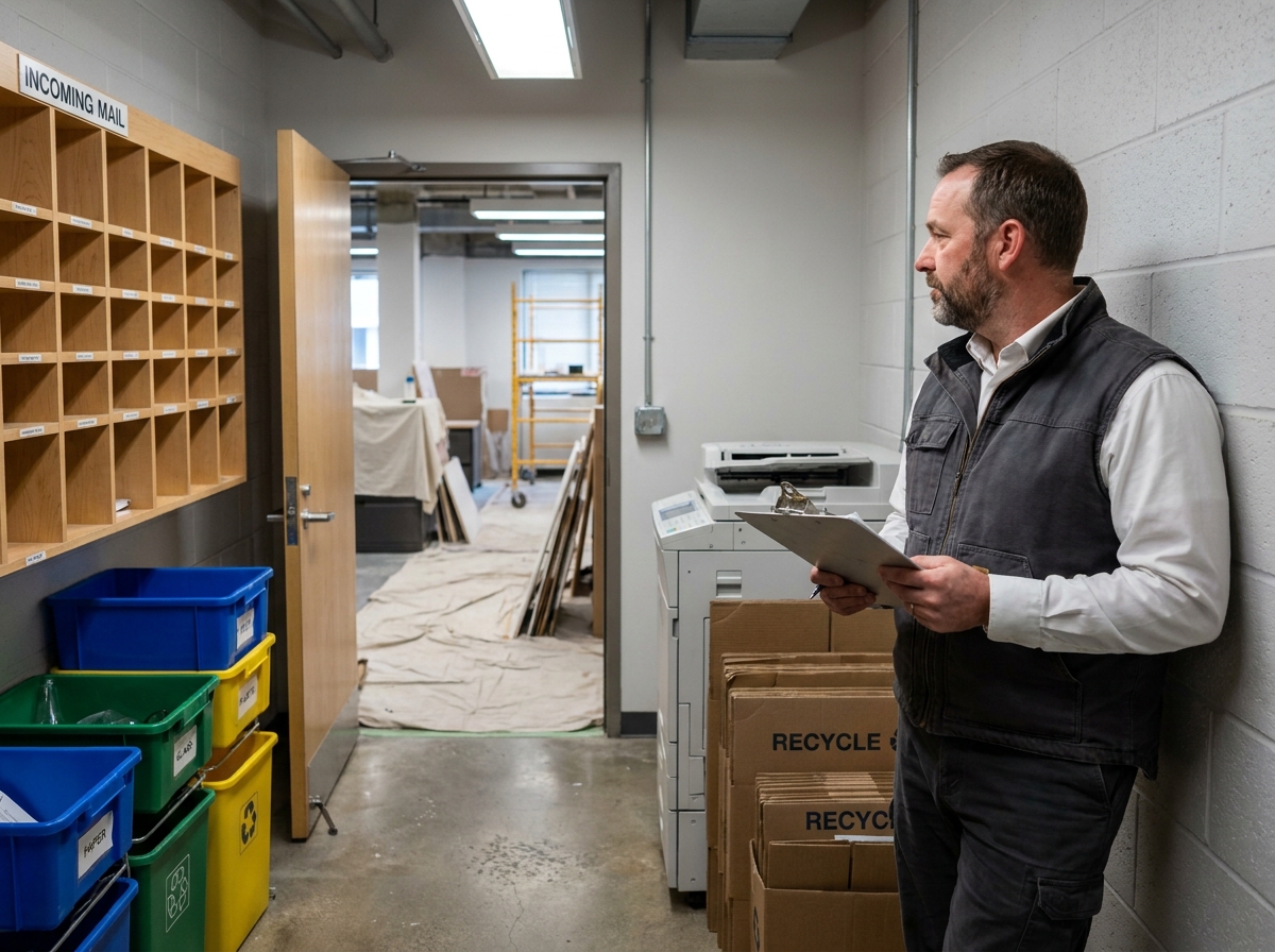 Responsable des services généraux inspectant une salle de gestion du courrier et des déchets papier dans des locaux en cours de réaménagement