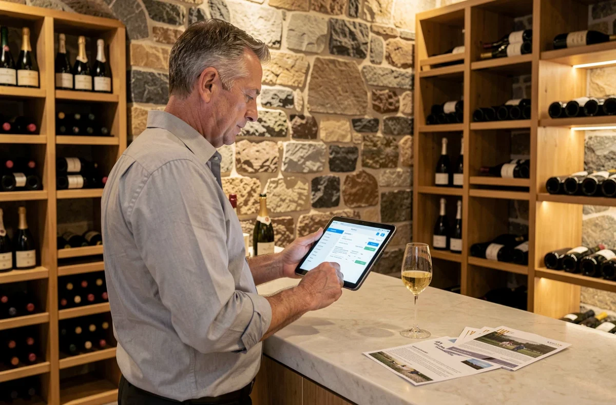 Responsable d'une maison de champagne consultant le portail extranet du CIVC sur tablette dans une cave moderne