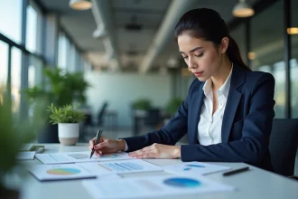 Responsable RH analysant des indicateurs de recrutement et des rapports KPI dans un bureau moderne