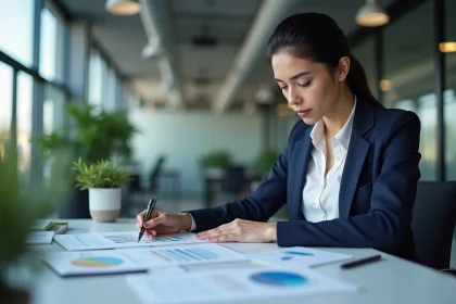 Responsable RH analysant des indicateurs de recrutement et des rapports KPI dans un bureau moderne