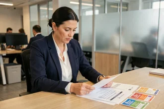 Responsable RH examinant des documents comptables et des chèques cadeaux salariés sur son bureau de bureau moderne