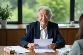 Femme âgée lisant une lettre émouvante dans un bureau moderne