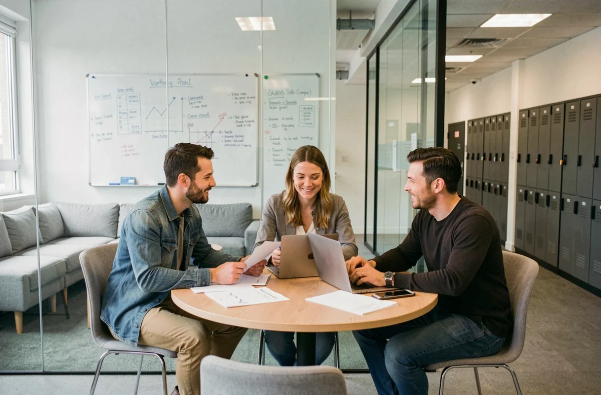 Réunion collaborative entre professionnels dans une salle de coworking vitrée à Clamart